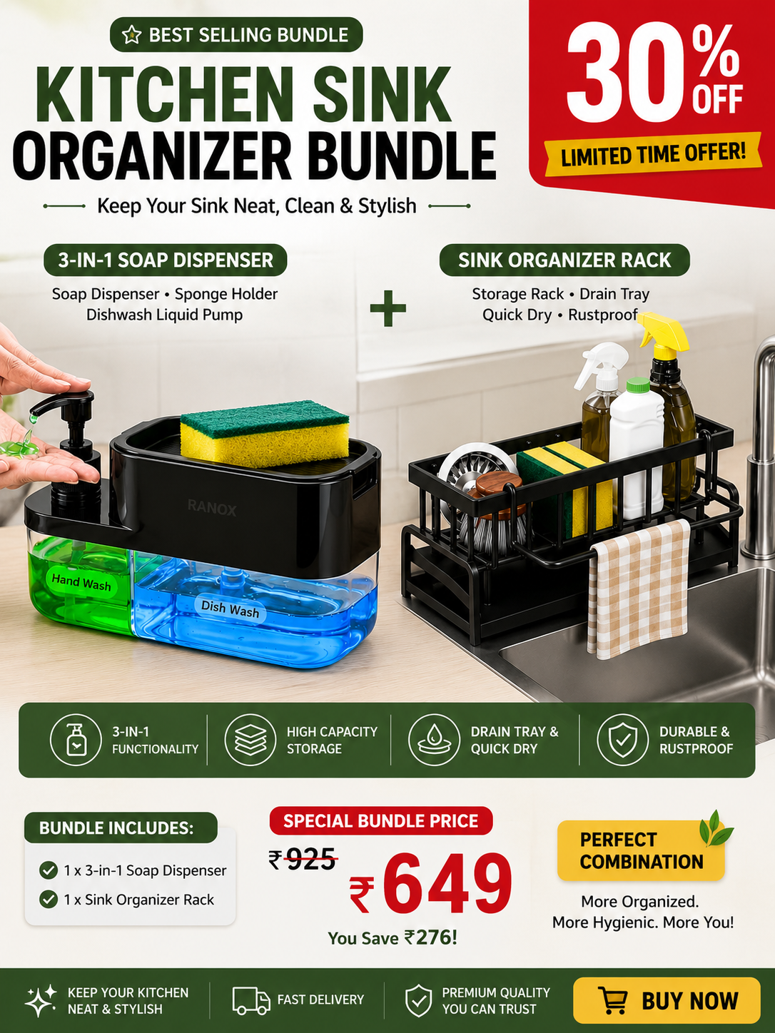 Complete Sink Set: Wire Organizer + Soap Dispenser Combo