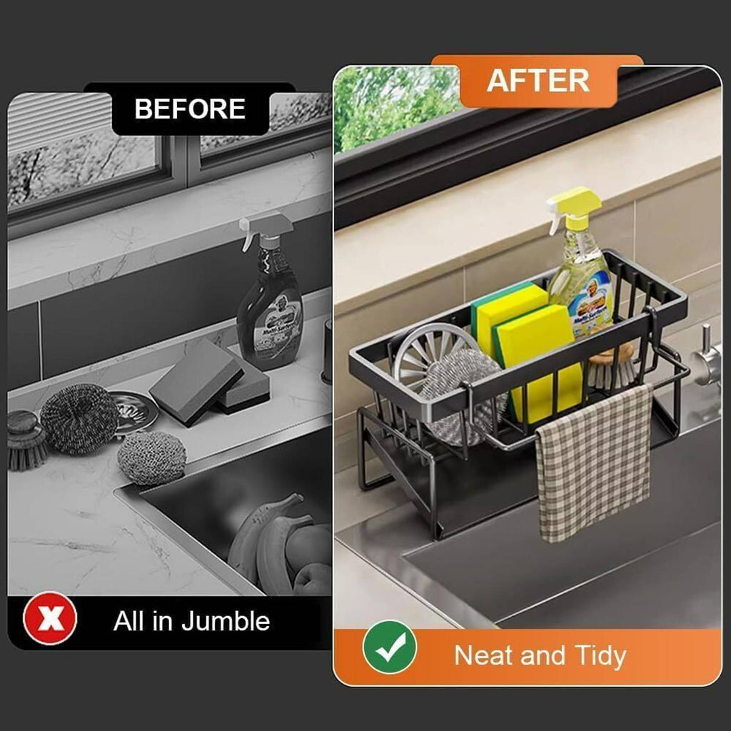 Auto-Drain Sink Caddy Organizer – Sponge, Soap &amp; Brush Holder with Towel Bar