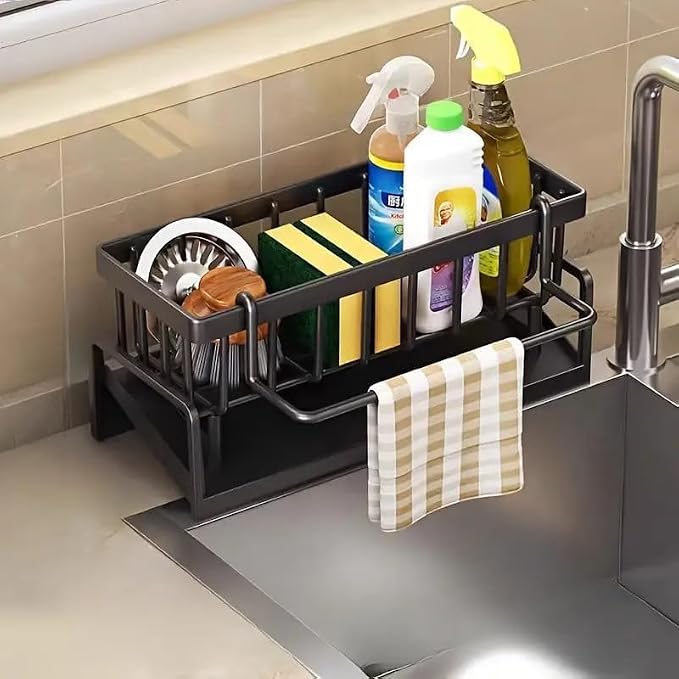 Auto-Drain Sink Caddy Organizer – Sponge, Soap &amp; Brush Holder with Towel Bar