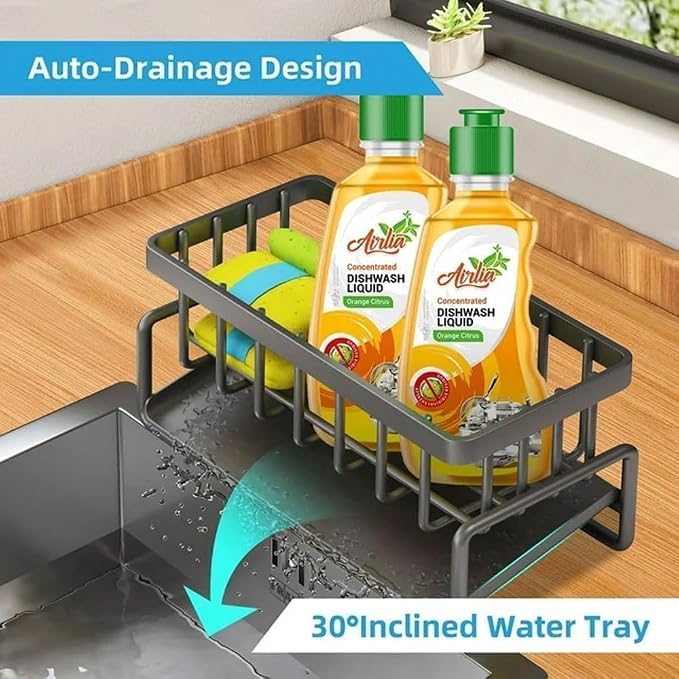 Auto-Drain Sink Caddy Organizer – Sponge, Soap &amp; Brush Holder with Towel Bar