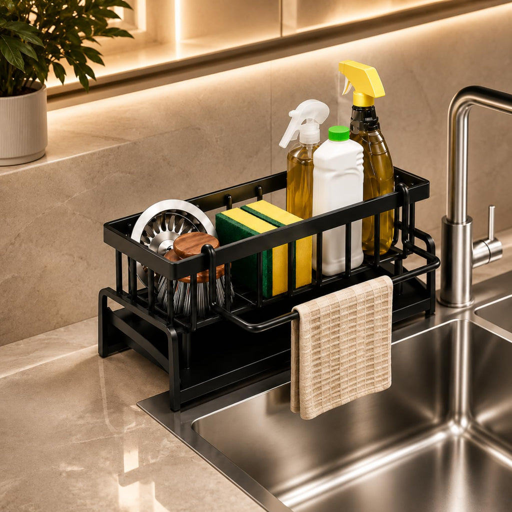 Auto-Drain Sink Caddy Organizer – Sponge, Soap &amp; Brush Holder with Towel Bar