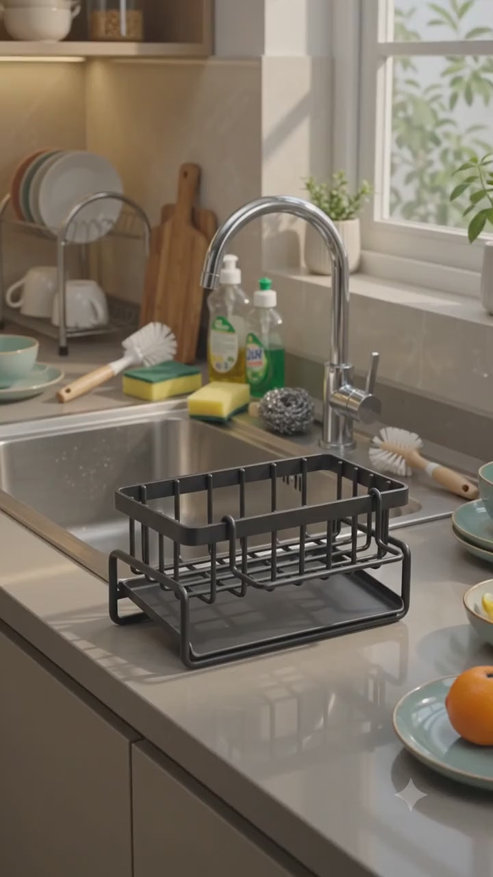 Auto-Drain Sink Caddy Organizer – Sponge, Soap &amp; Brush Holder with Towel Bar